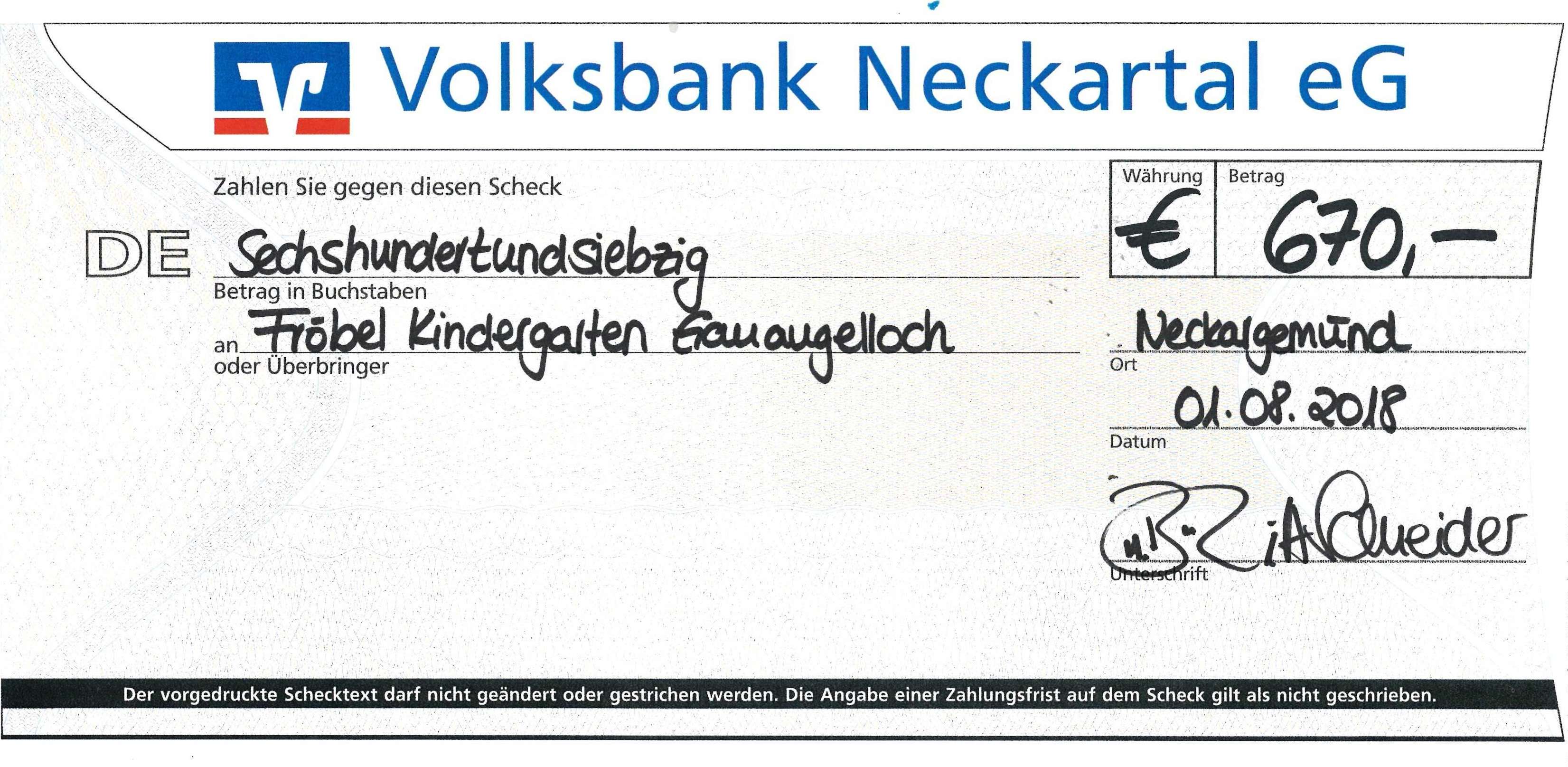  Spendenscheck der Volksbank Neckartal e.G. 